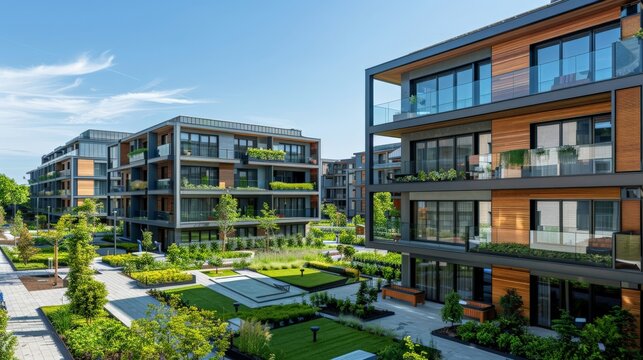 modern apartments with green spaces and communal areas, clear blue