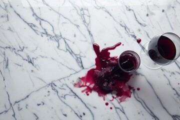 overhead view of red wine spill on marble counter