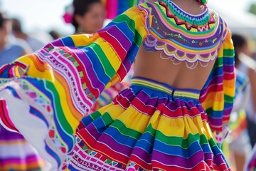 mexican woman in a colorful folklorico dress at cinco de mayo