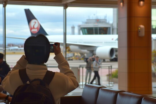 tourist taking photos of aircraft from the lounge