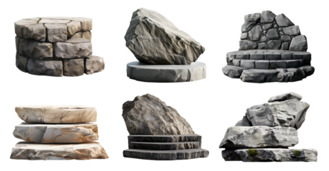 Collection set of big hard rock boulder stone podium stage display with steps on transparent background cutout, PNG file. Many different design. Mockup template artwork graphic	
