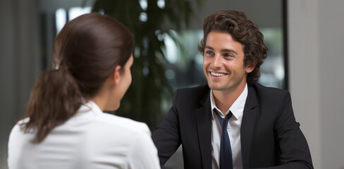 Portrait of happy young businessman and businesswoman talking in office lobby