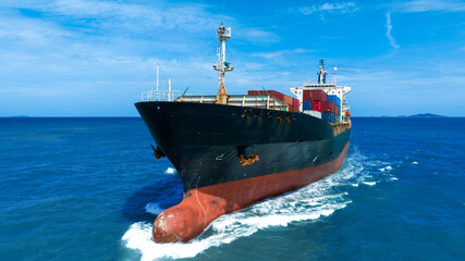 Nose of Container Vessel Ship running in the ocean. Nose cargo ship, bow nose of large vessel..