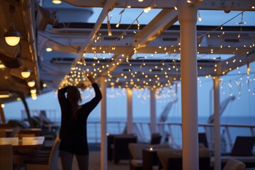 person hanging string lights over the cruise ships outdoor lounge