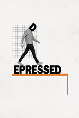 Vertical creative collage walking headless man letter instead face depression exhausted upset...