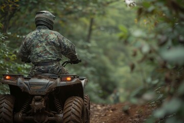 rider wearing camo gear on an atv, blending with the forest scenery