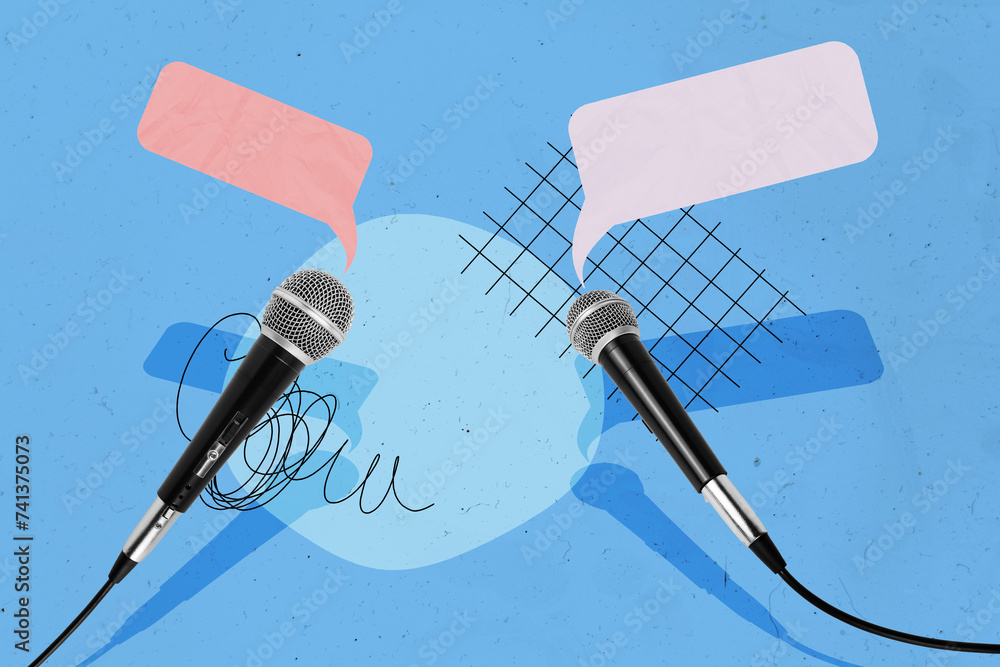 Aufkleber creative collage image two microphones speaker interview speech textbox loud voice conversation perf