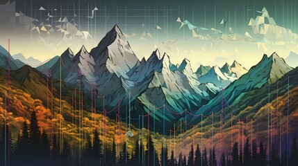 A digital painting of a mountain landscape morphing into a stock graph, illustrating the peaks and valleys of market trends. - obrazy, fototapety, plakaty