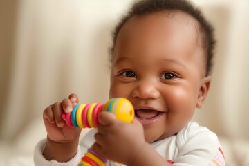 baby grasping a colorful rattle, focus on the joyous expression