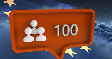 Image of people icon with numbers on speech bubble with european union flag