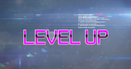 Image of level up text over data processing and sky with clouds
