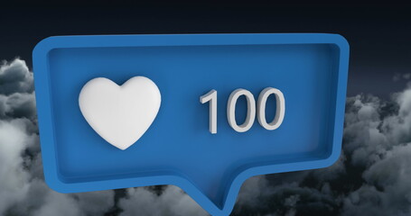 Image of heart icon with numbers on speech bubble over sky and clouds
