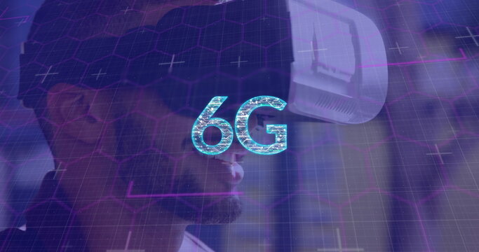 6g text and light trails over hexagonal shapes against man gesturing while wearing vr headset