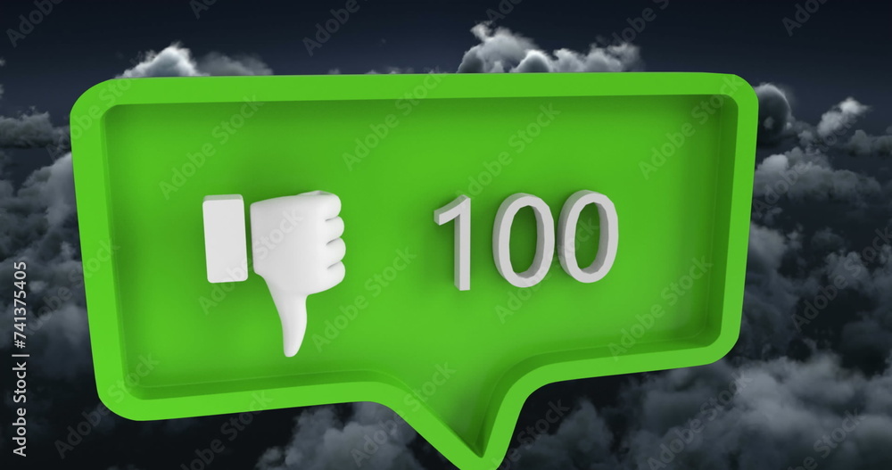 Poster Image of unlike icon with numbers on speech bubble over sky and clouds