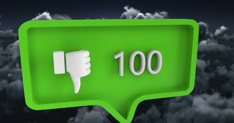 Image of unlike icon with numbers on speech bubble over sky and clouds