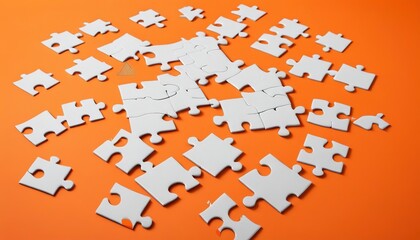 White puzzles placed on an orange background Represent the unity and power of successful people