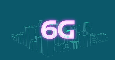 Image of 6g glowing text over 3d city model spinning on blue background