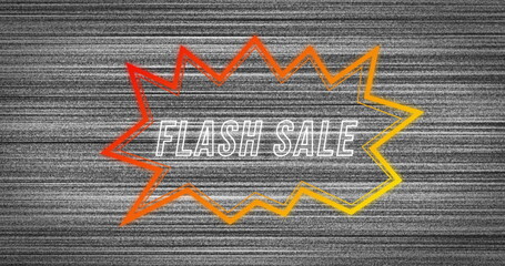 Image of retro flash sale text in neon red to yellow speech bubble on distressed grey background