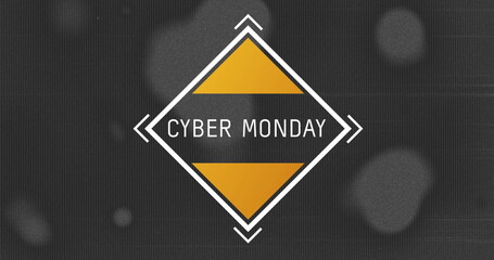 Image of cyber monday text in white frame over flickering spots on distressed background