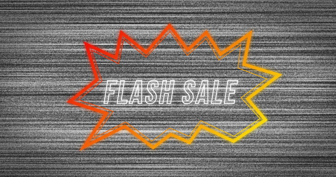 Image of retro flash sale text in neon red to yellow speech bubble on distressed grey background - Powered by Adobe
