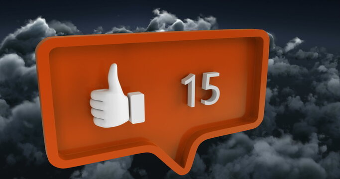Image of like icon with numbers on speech bubble over sky and clouds