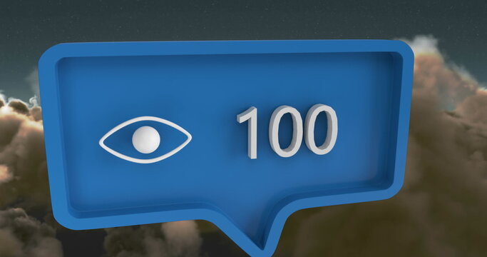 Image of eye icon with numbers on speech bubble over sky and clouds - Powered by Adobe