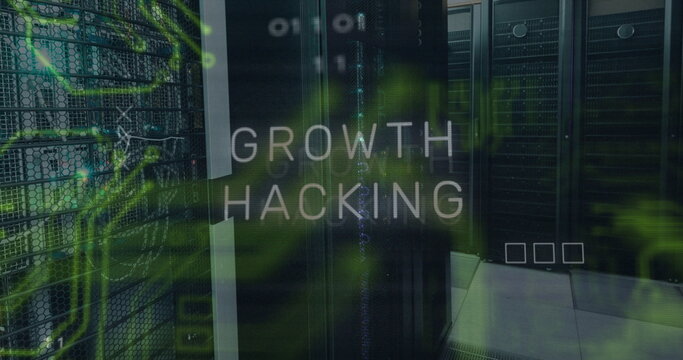 Image of growth hacking text and data processing over server room