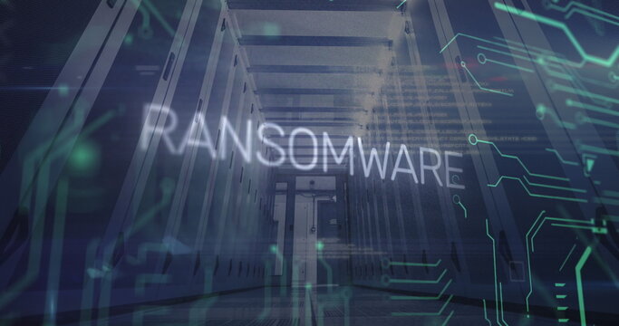 Image of ransomware text and data processing over server room