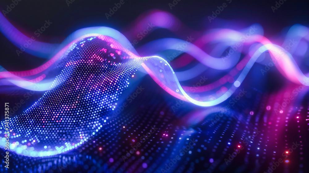 Poster virtual wave and digital grid in an abstract background, showcasing technology and futuristic design