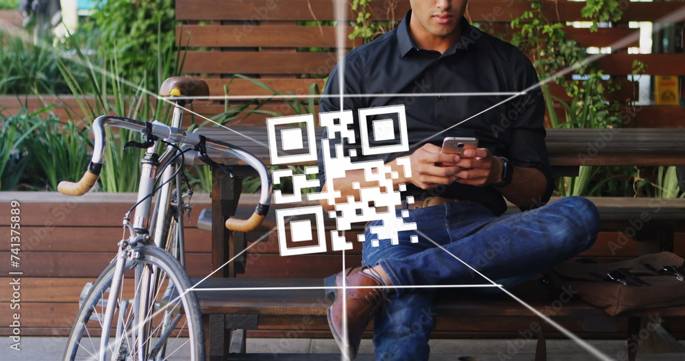 Poster image of qr code over biracial man using smartphone