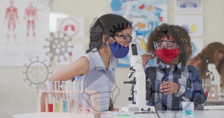 Image of covid idrawings with masked schoolchildren in science class