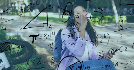 Image of mathematical equations over biracial woman drinking coffee