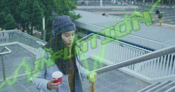 Image of data processing and inflation text over biracial woman walking