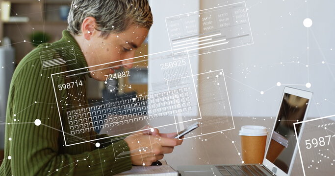 Image of data processing over biracial woman using smartphone