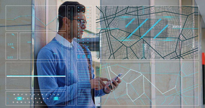 Image of data processing over biracial man using smartphone