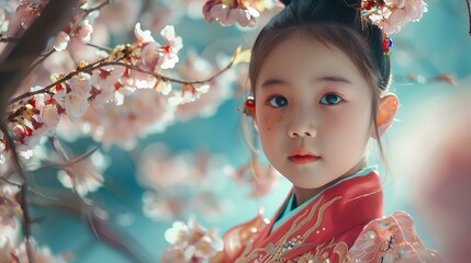 Cute asian little girl in traditional Chinese costume with sakura blossom background