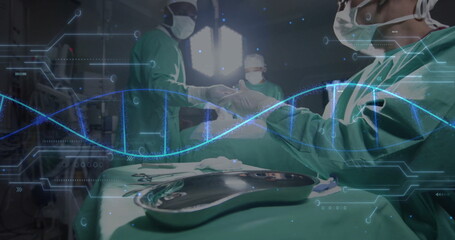 Image of dna strand over diverse surgeons in hospital