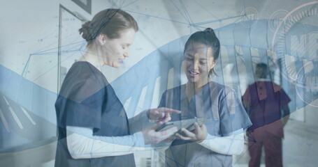 Image of dna strand and data processing over diverse doctos in hospital