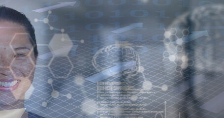 Image of human brains and data processing over biracial female doctor in hospital