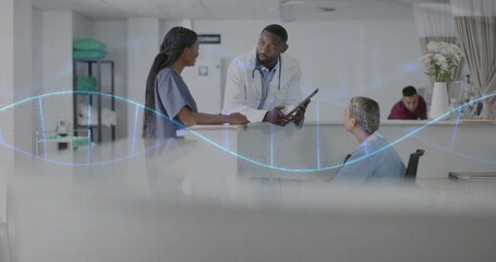 Image of dna strand and data processing over diverse doctors in hospital