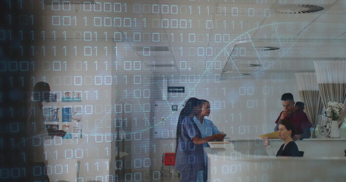 Image of dna strand and binary coding data processing over diverse doctors in hospital