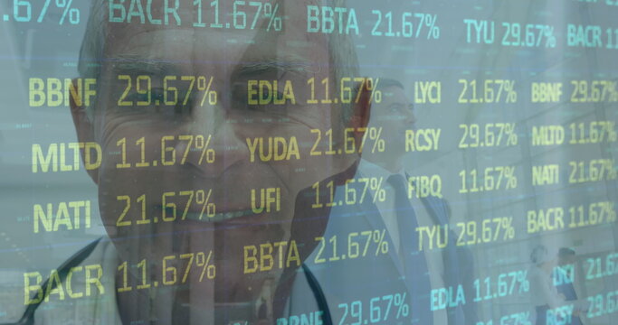 Image of financial data processing over smiling male doctor