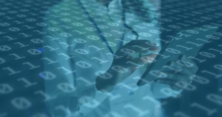 Image of data processing over african american female server room worker using vr headset