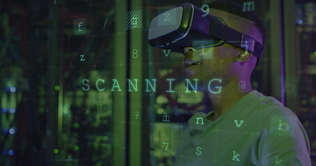 Image of data processing over african american male server room worker using vr headset