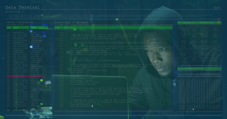 Image of data processing over african american male hacker