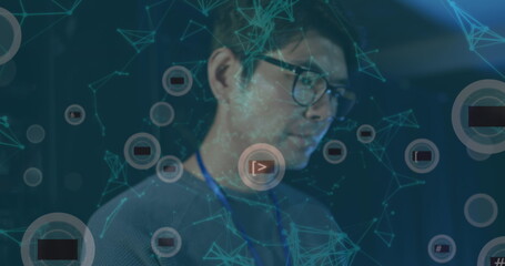 Image of falling icons and network of connections over biracial male server room worker
