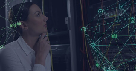 Image of network of connections and icons over caucasian female server room worker