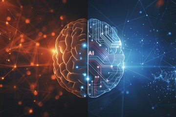 AI Brain Chip data loading. Artificial Intelligence ai trend mind project management axon. Semiconductor nanotool circuit board mental alertness - obrazy, fototapety, plakaty