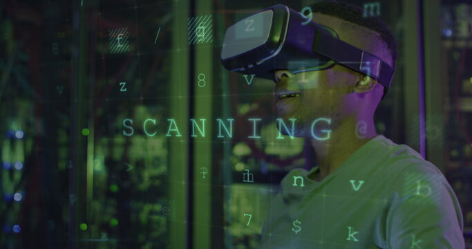 Image of data processing over african american male server room worker using vr headset