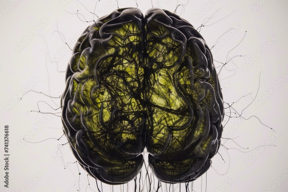Poster ai brain chip silicon. artificial intelligence bmi mind pictogram axon. semiconductor magnetic reson